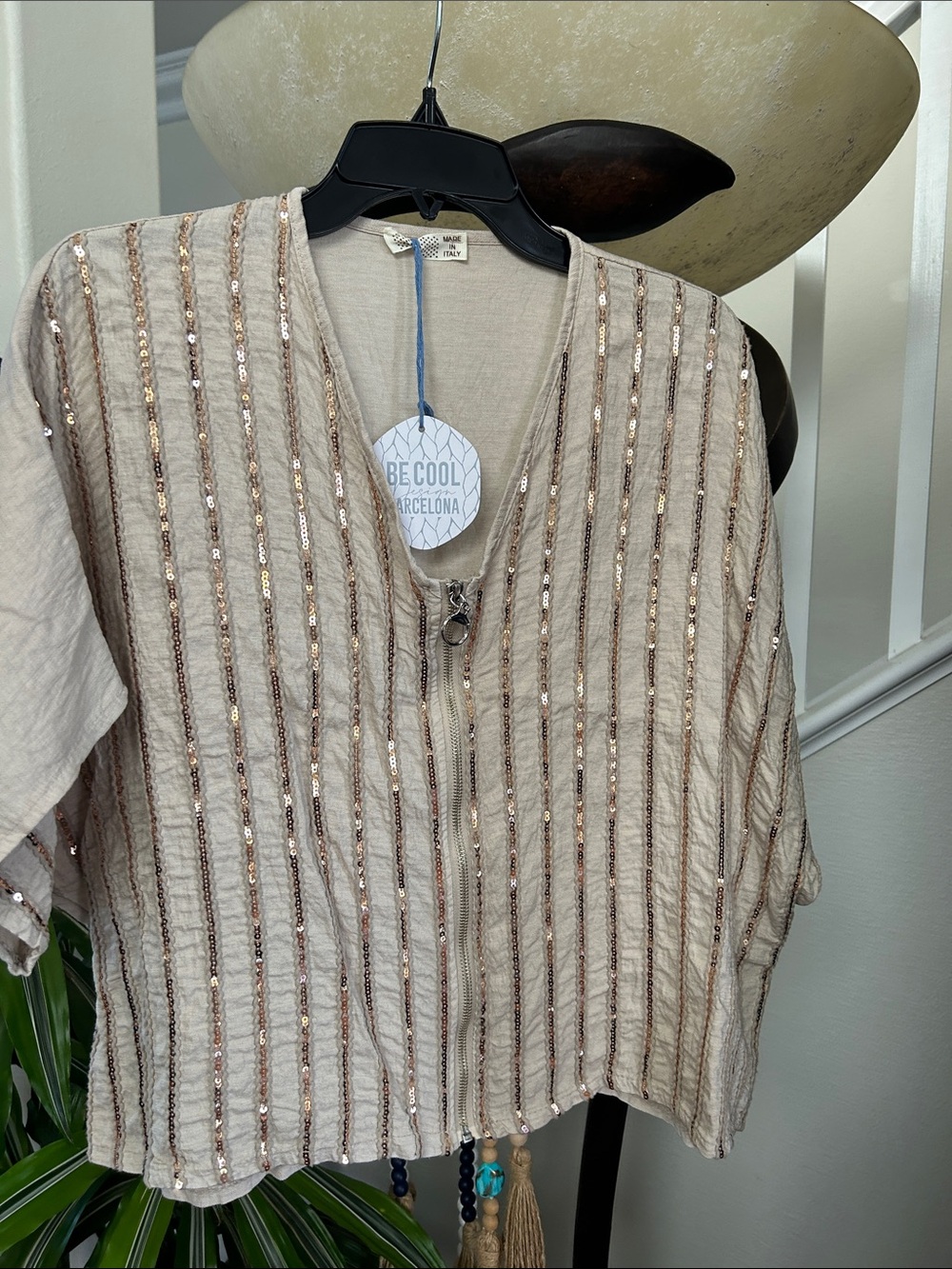 Women's Cream Sequin Stripe Zip-Front Top